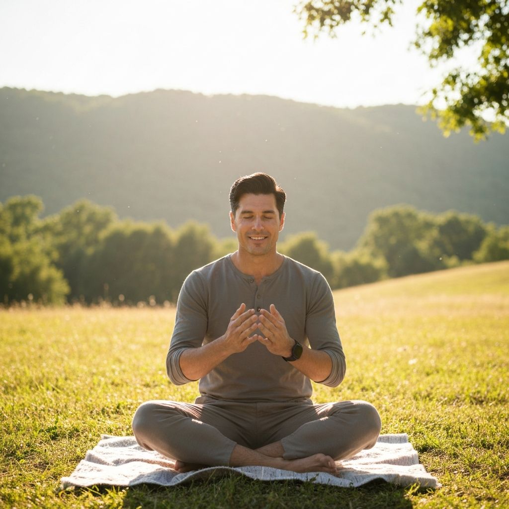 Man practicing breathing exercises outdoors